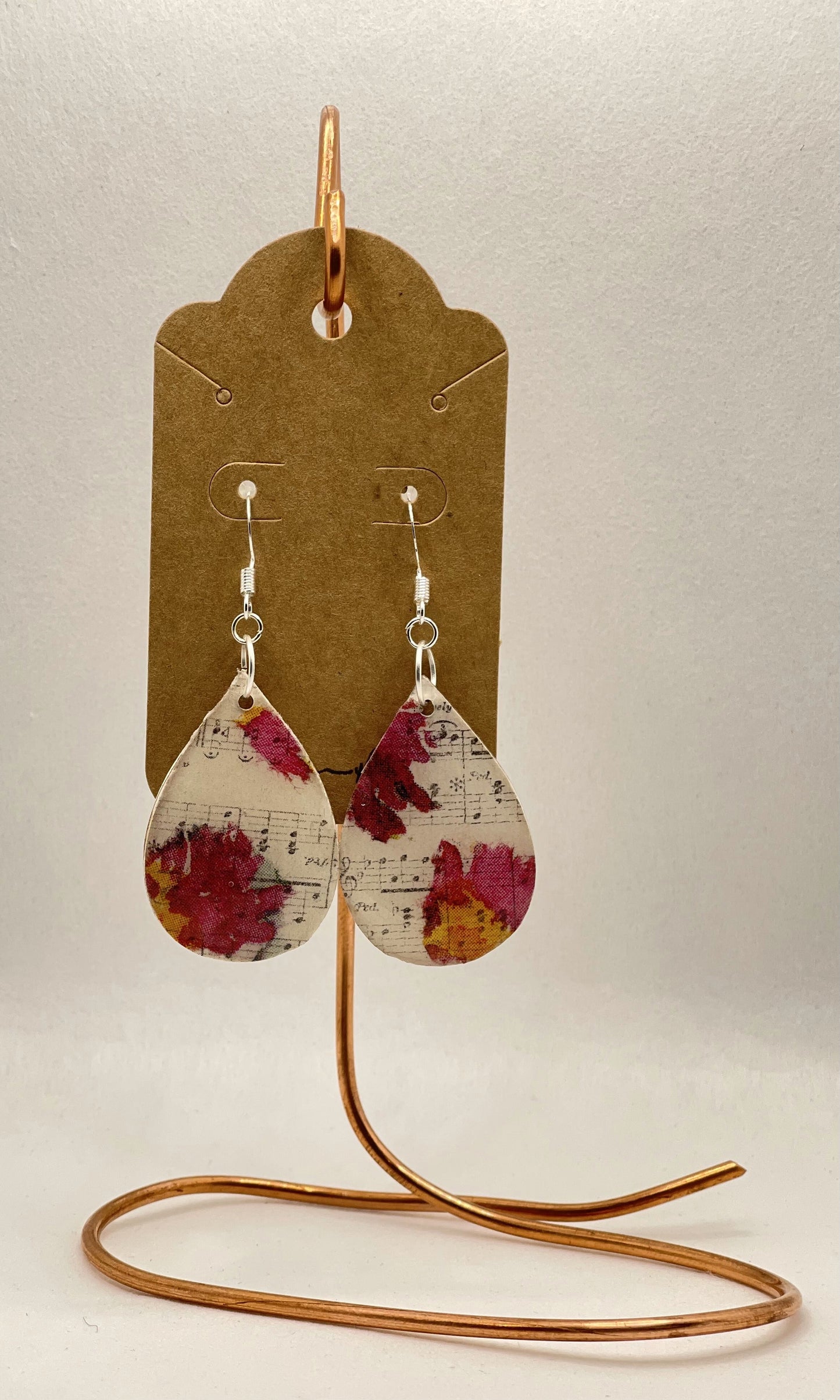 Earrings - MIxed Media Pink Flower/Sheet Music- Teardrop