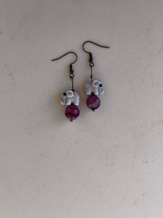 Earrings-Elephant w/purple bead