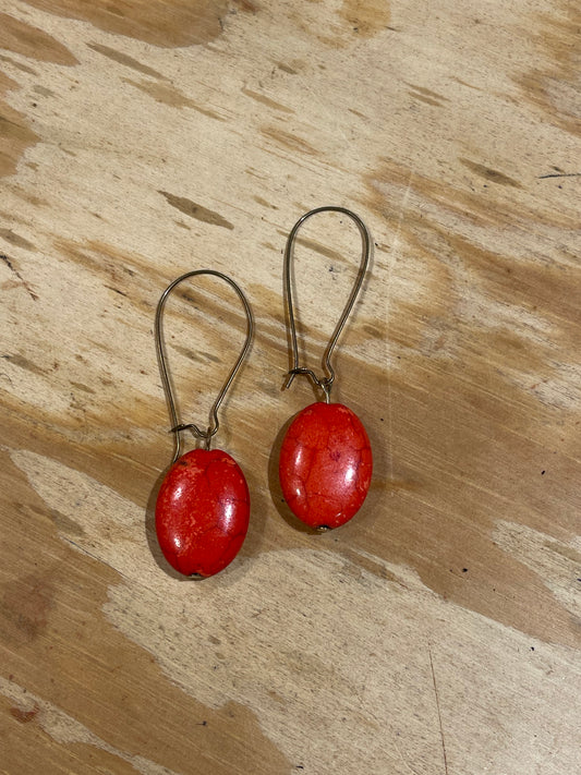 Earrings - red stone, brass wire