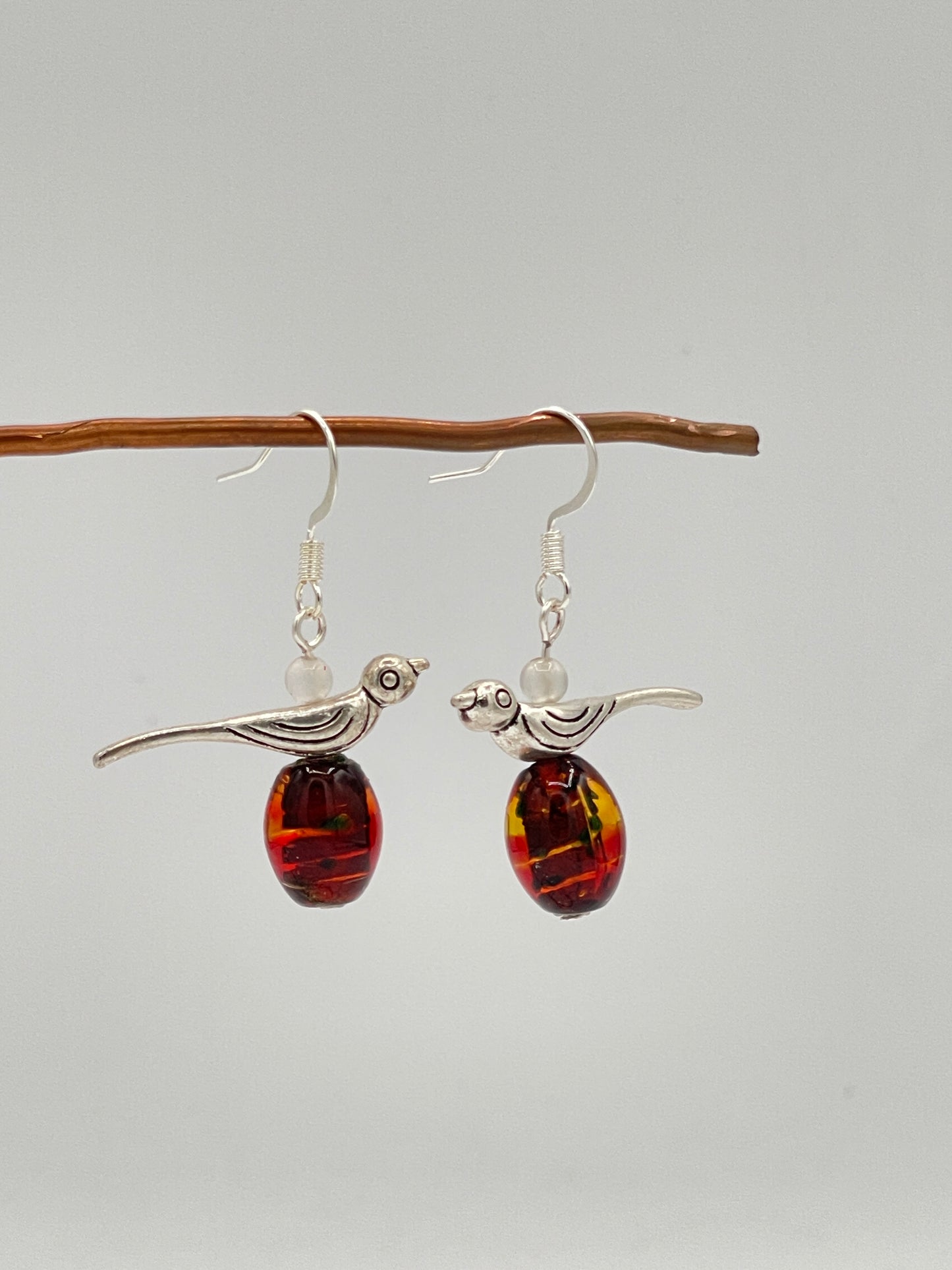 Earrings-Glass beads/silver birds