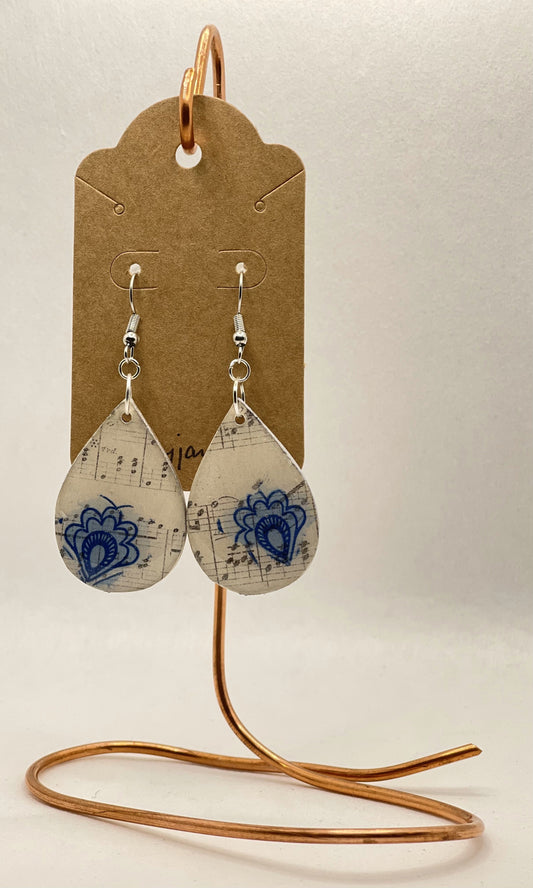 Earrings - Mixed Media Blue Flower/Sheet Music- - Teardrop