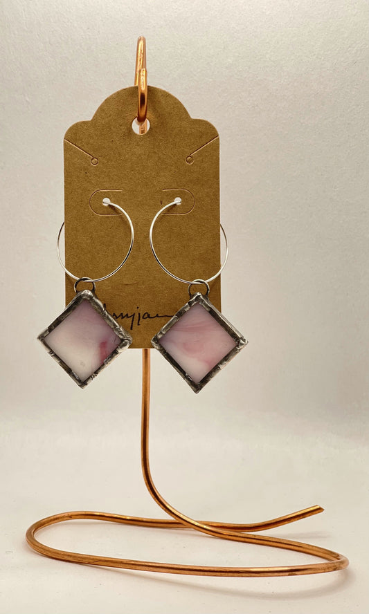 Earrings - Pink/White swirl Stained Glass - Square