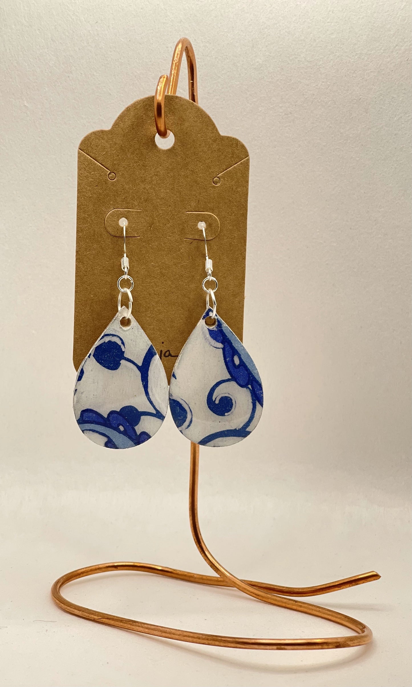 Earrings - blue/white wood/mixed media - Teardrop