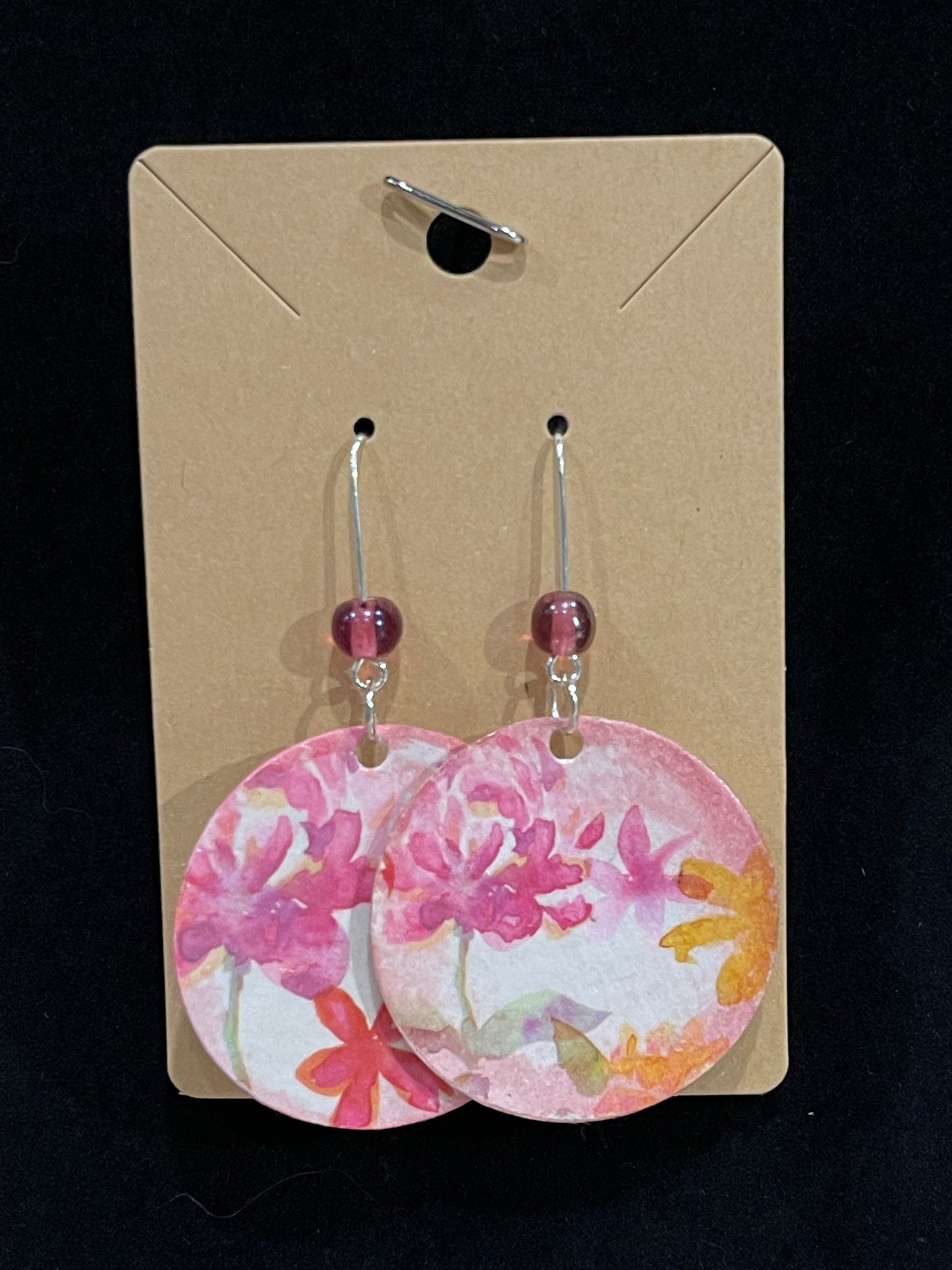 Earrings, mixed media, spring florals, purple bead