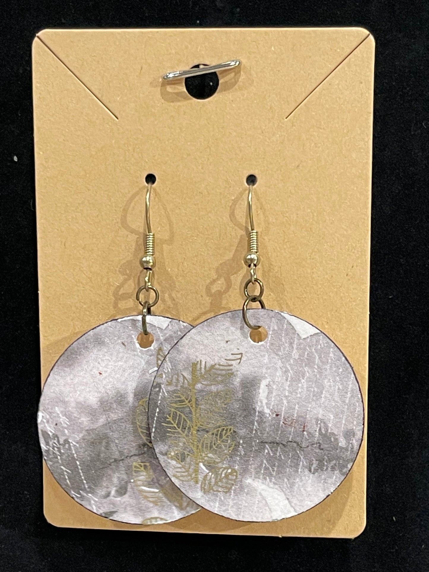 Earrings, mixed media, collage, gray/gold