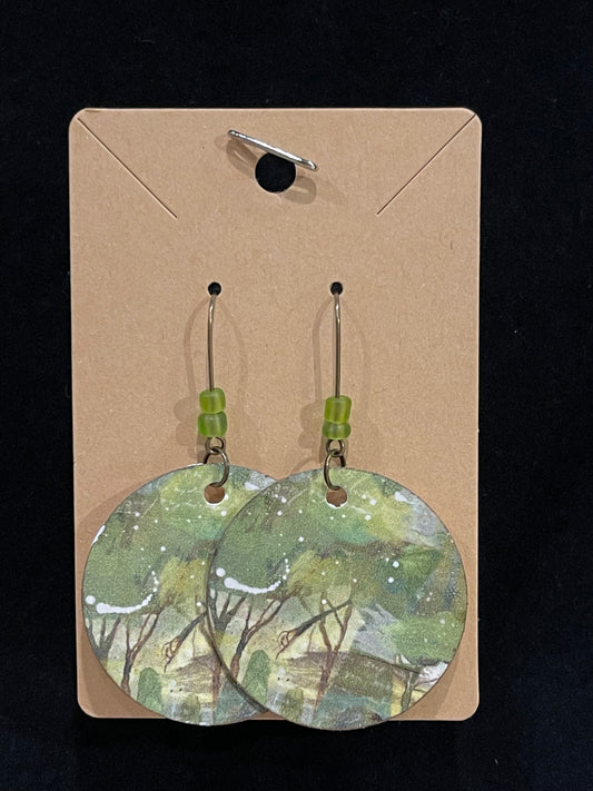 Earrings, mixed media, abstract green trees