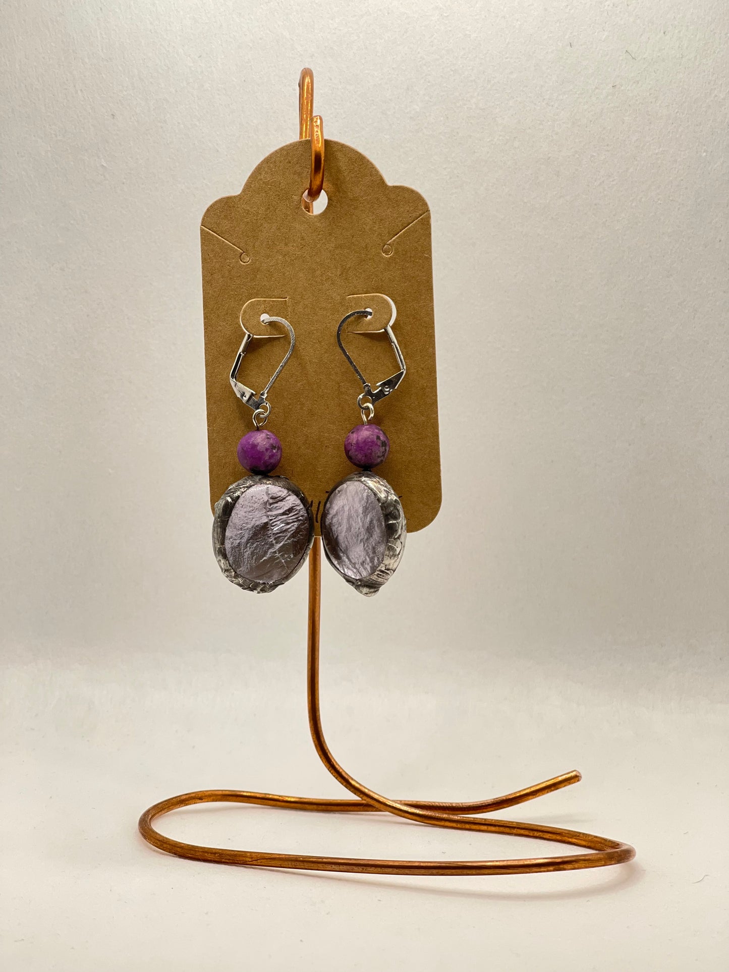 Earrings, purple glass, purple bead