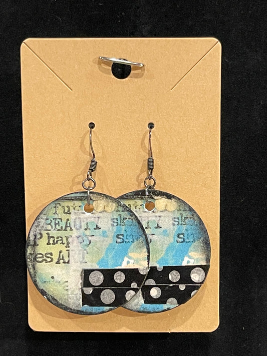 Earrings, collage, paper, teal/black