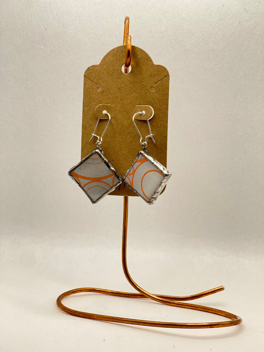 Earrings, mosaic tile, white, and coral swirl