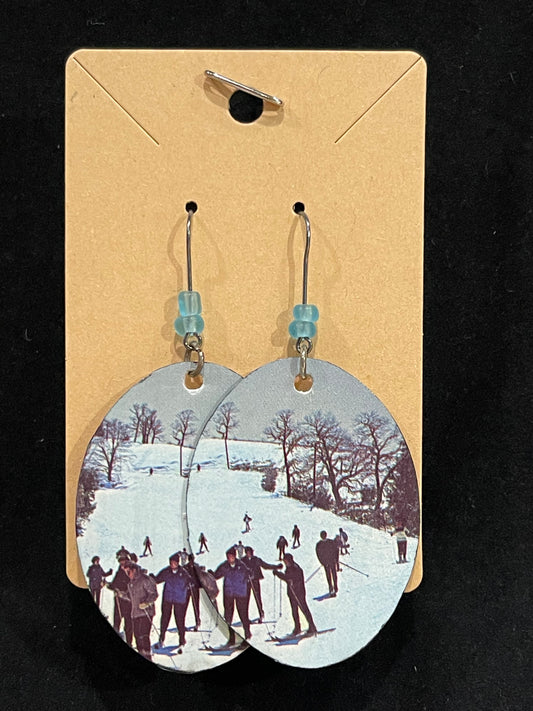 Earrings, vintage postcard, snow skiing ovals