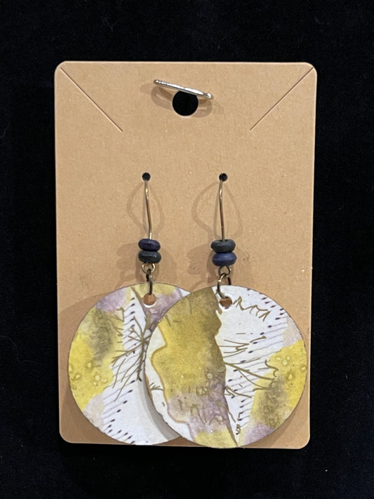 Earrings, mixed media, collage, green/purple