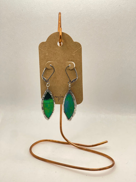 Earrings, mosaic, glass, iridescent green