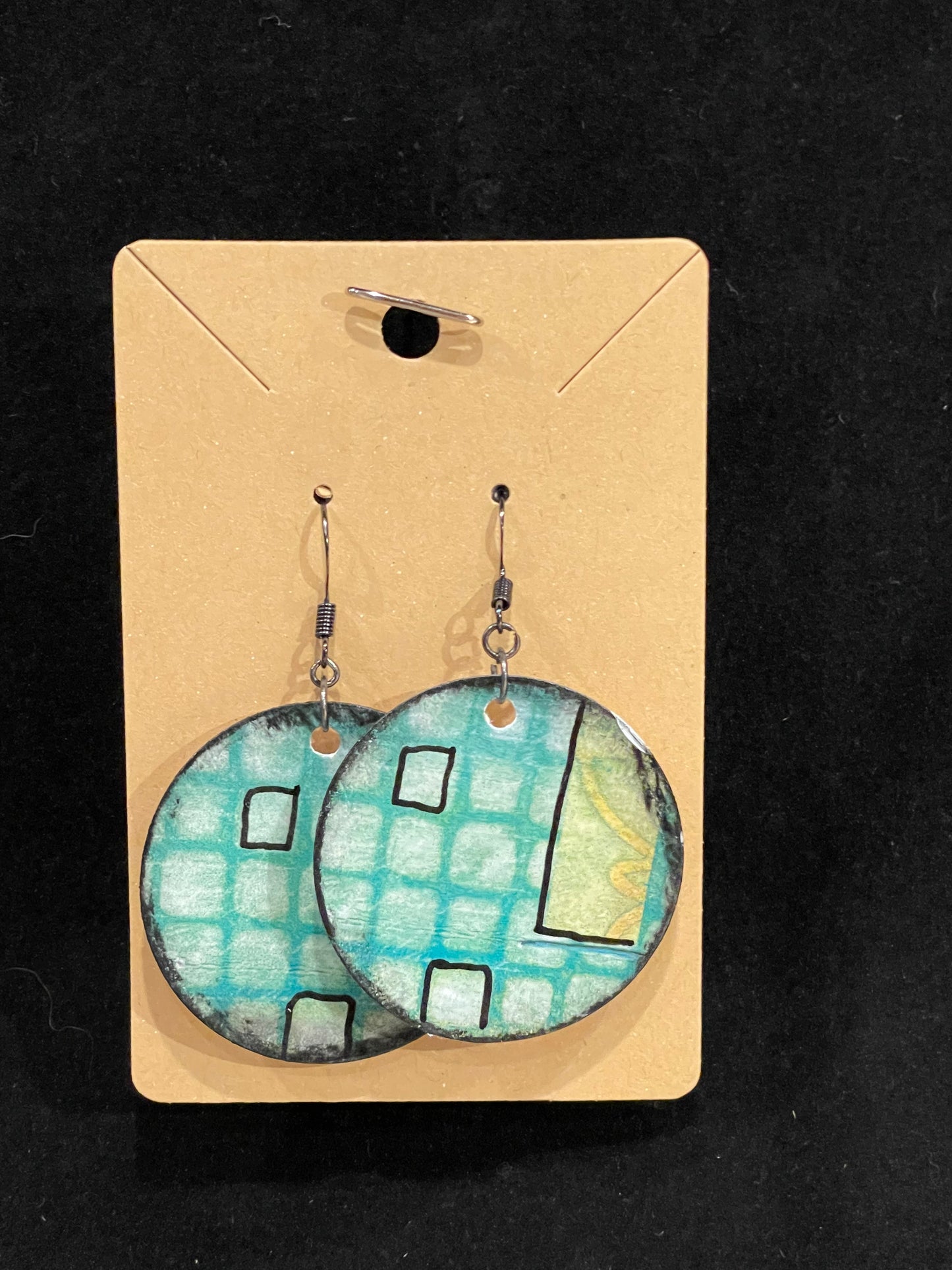 Earrings, mixed media, collage, teal/white squares