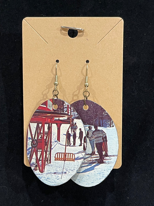 Earrings, vintage, postcard, ski lift, and skiers