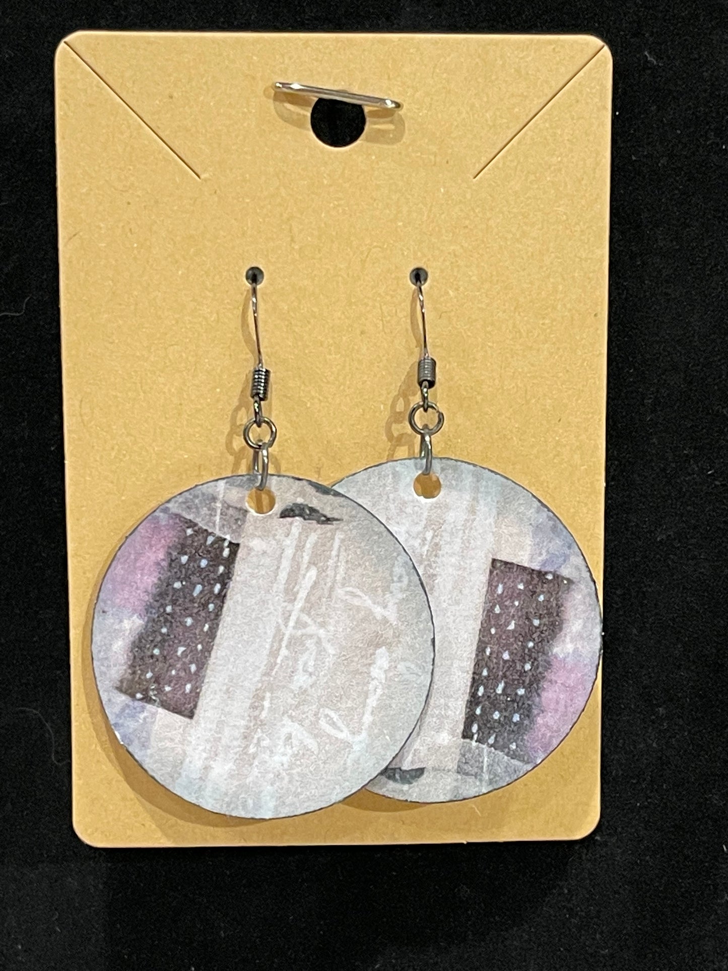 Earrings, mixed media, collage, gray/purple