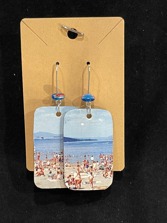 Earrings, vintage postcard, beach rectangle