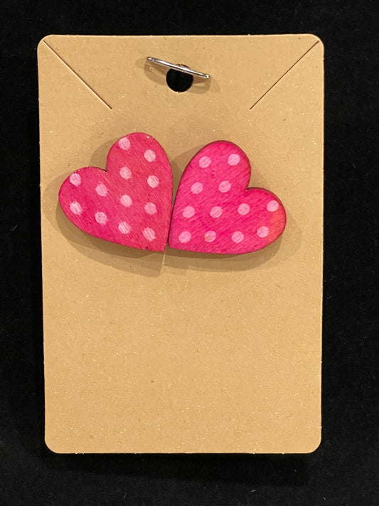 Earrings-wooden hearts small pink/polka dots