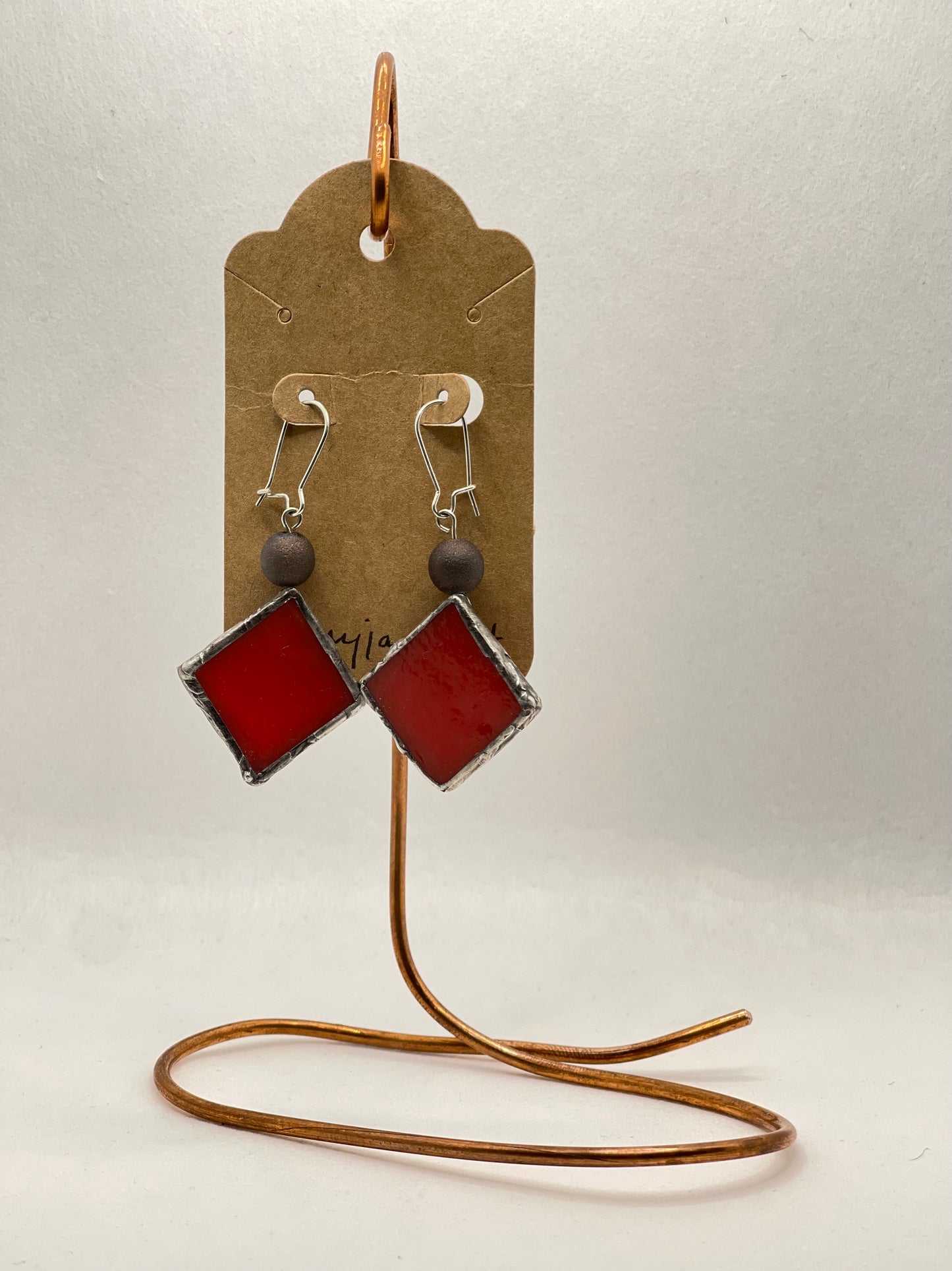 Earrings stained glass, red w/bead