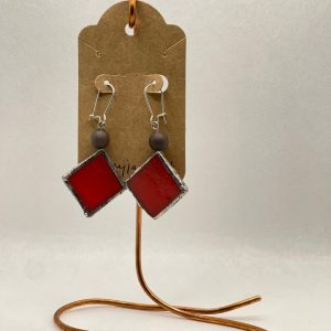 Earrings stained glass, red w/bead