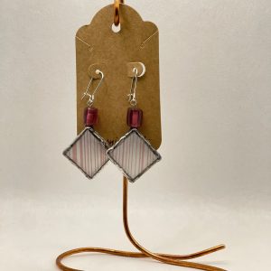 Earrings, mosaic tile, pink white stripe, pink bead
