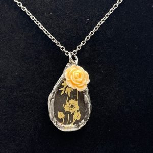 Necklace-sea glass pendant w/rose charm