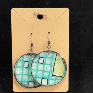 Earrings, mixed media, collage, teal/white squares