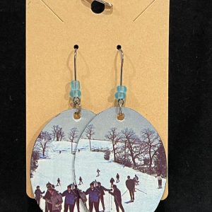 Earrings, vintage postcard, snow skiing ovals