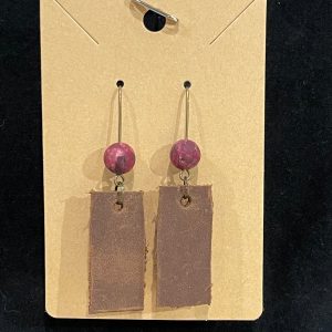 Earrings, leather, purple stone bead