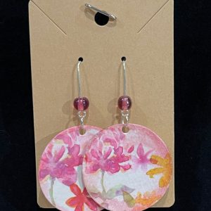 Earrings, mixed media, spring florals, purple bead